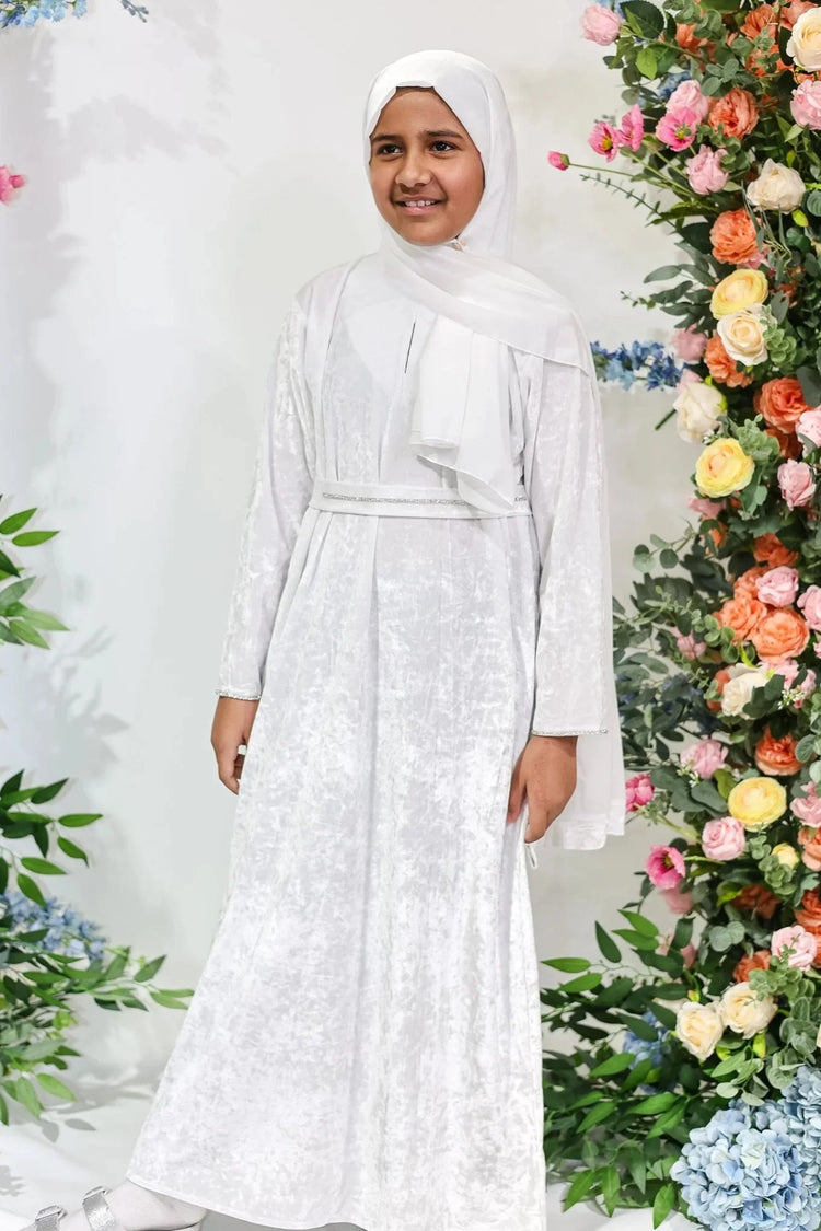 Snow Pearl Velvet Kids Abaya – Ages 10–14 by Hijab Shack