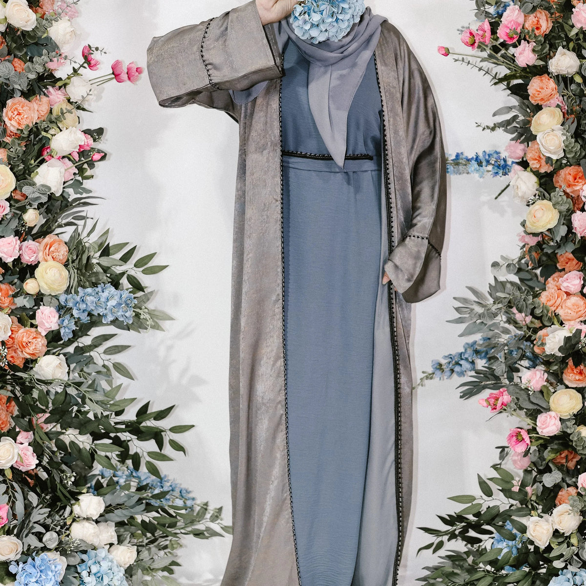 Metallic Grey Silk Open Abaya by Hijab Shack