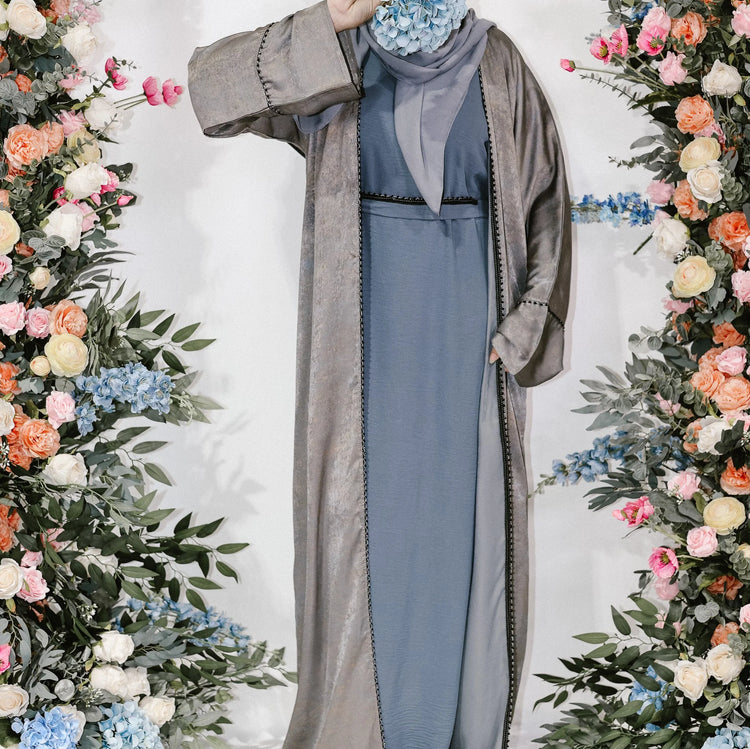 Metallic Grey Silk Open Abaya by Hijab Shack