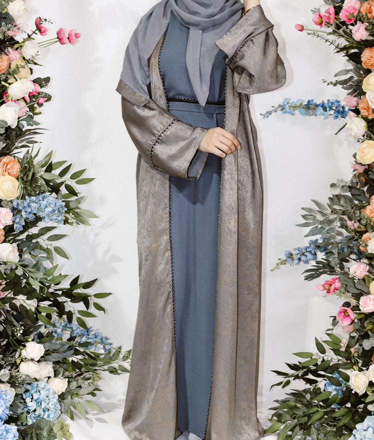 Metallic Grey Silk Open Abaya by Hijab Shack
