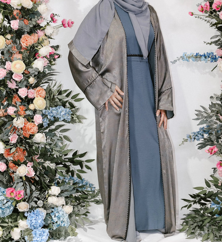 Metallic Grey Silk Open Abaya by Hijab Shack