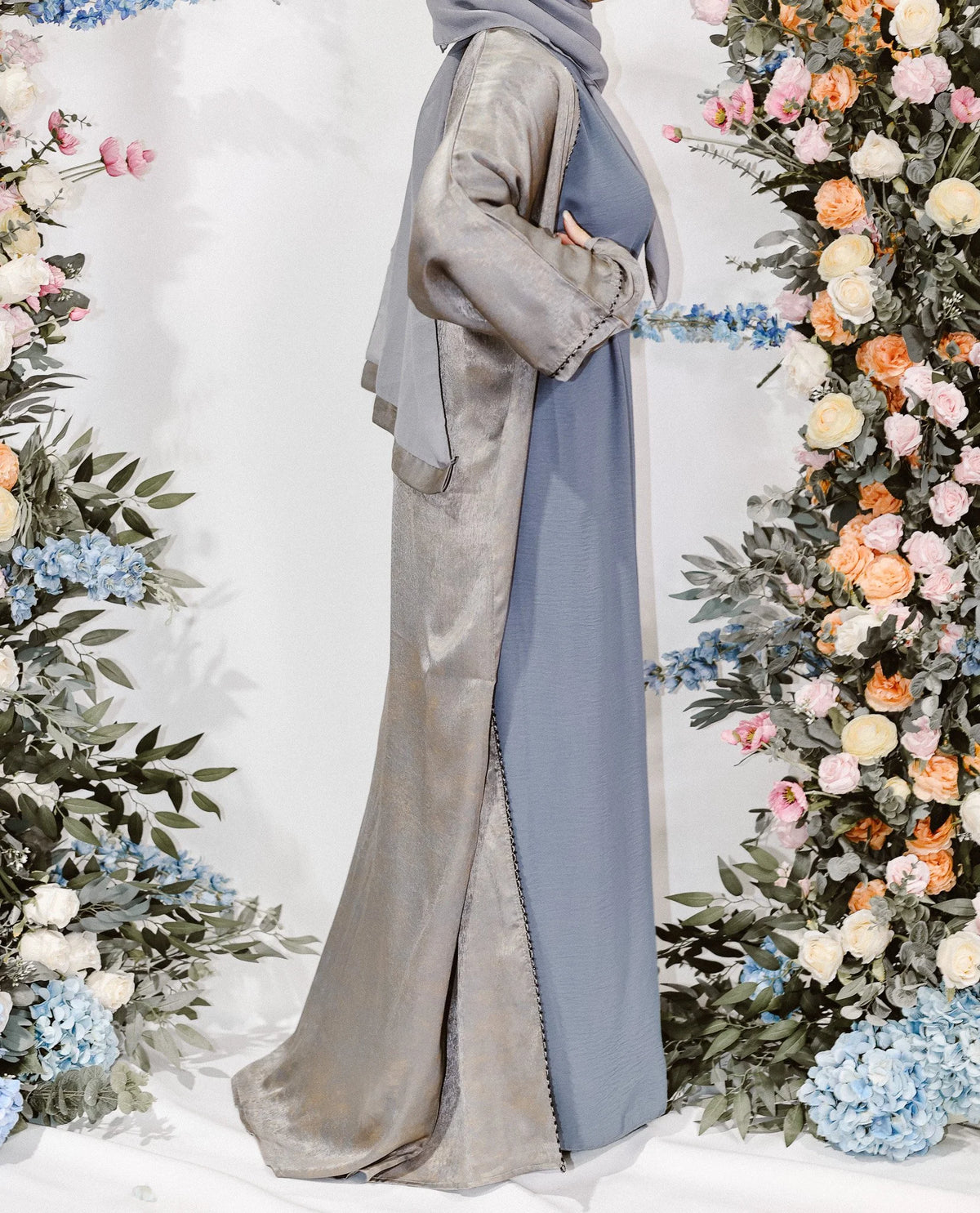 Metallic Grey Silk Open Abaya by Hijab Shack