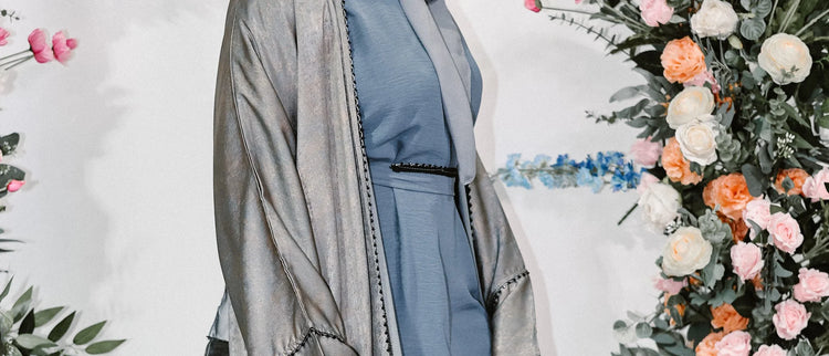 Metallic Grey Silk Open Abaya by Hijab Shack