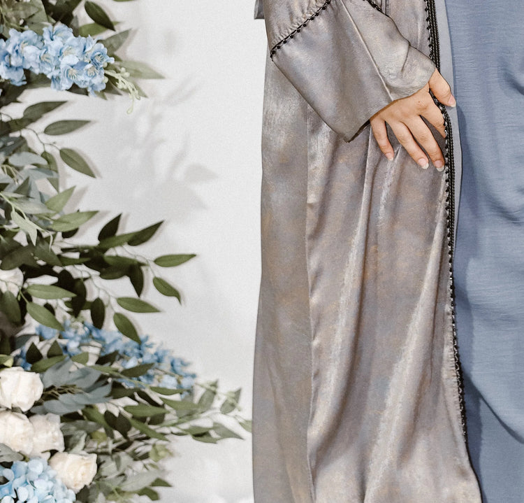 Metallic Grey Silk Open Abaya by Hijab Shack