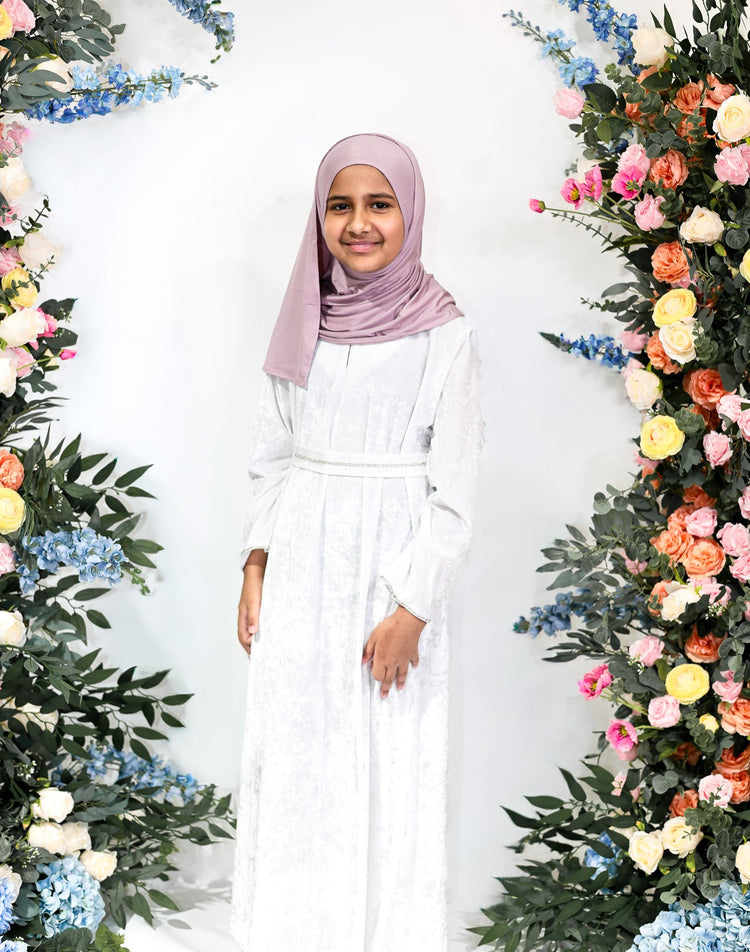 Snow Pearl Velvet Kids Abaya – Ages 10–14 by Hijab Shack