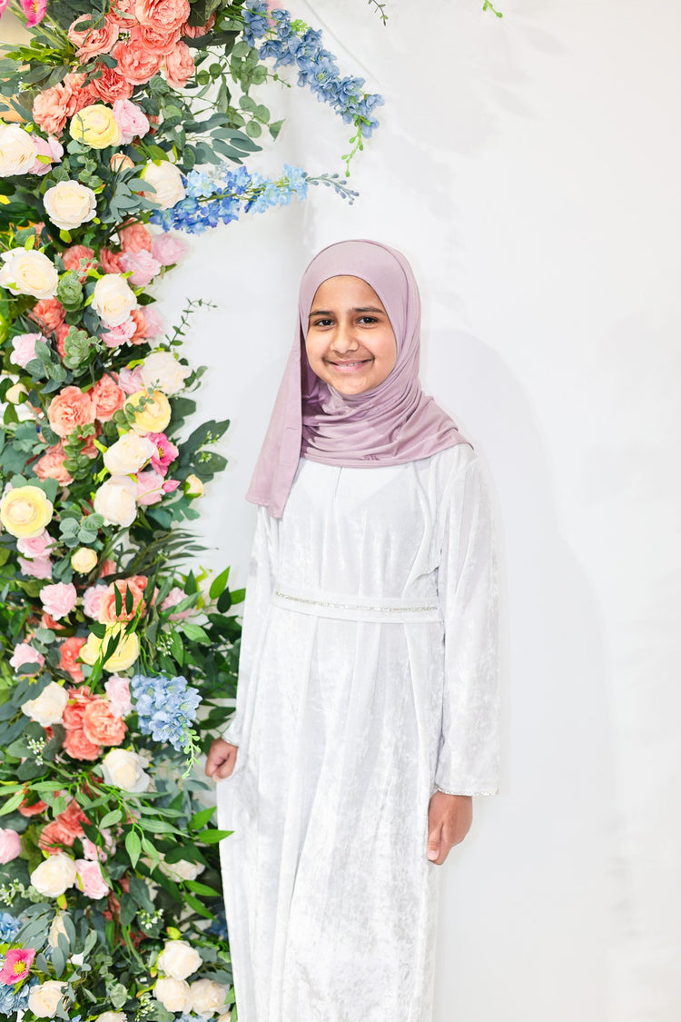 Snow Pearl Velvet Kids Abaya – Ages 10–14 by Hijab Shack