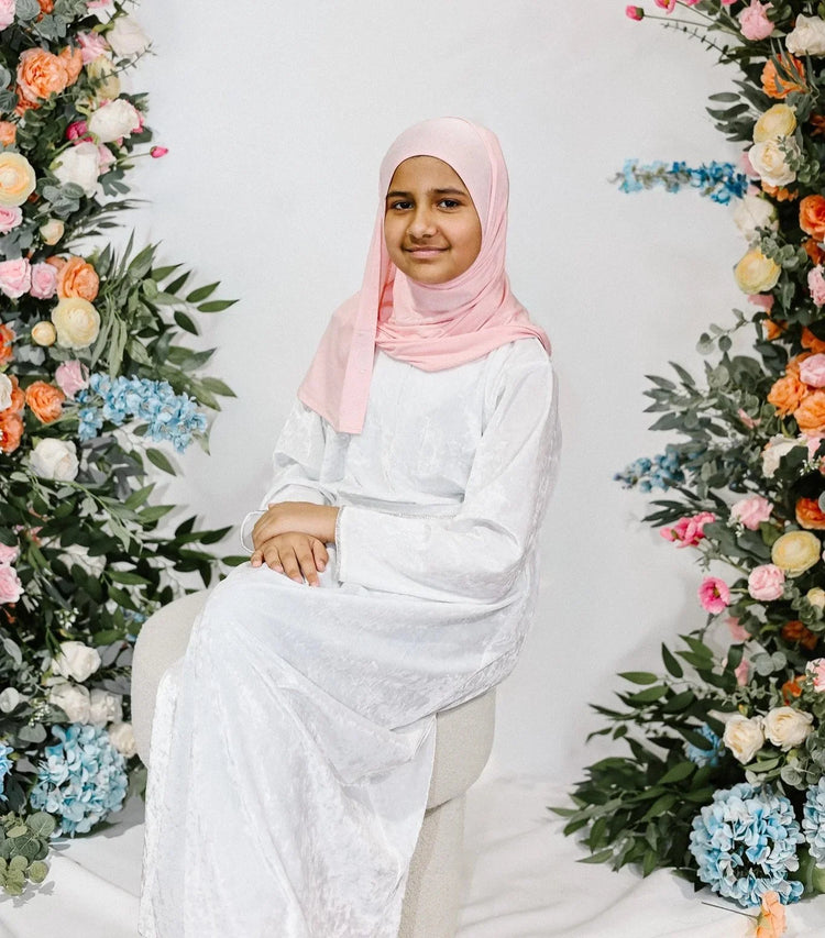 Snow Pearl Velvet Kids Abaya – Ages 10–14 by Hijab Shack