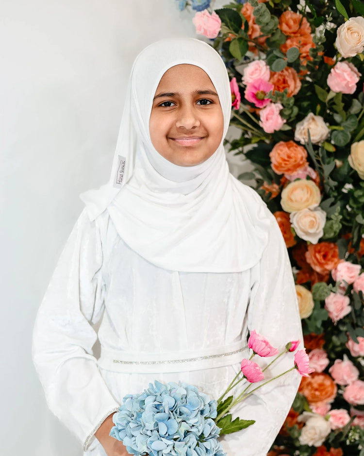 Snow Pearl Velvet Kids Abaya – Ages 10–14 by Hijab Shack